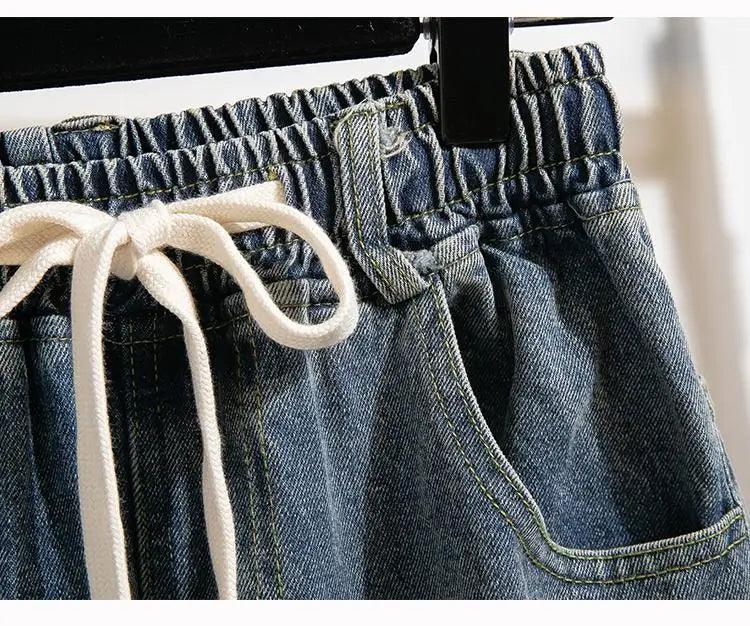 High Waist Wide Leg Cotton Denim Dstring Loose Fit Women's Autumn 2024 Slimming Effect Pure Cotton Casual Trousers