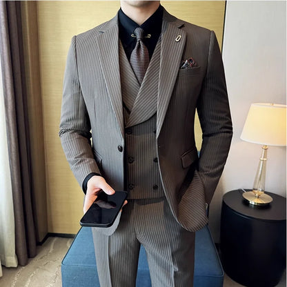 Luxury Stripe Men Suit Korean Version Fashion Elegant Slim Fit Tuxedo Formal Groom Wedding Social Suits