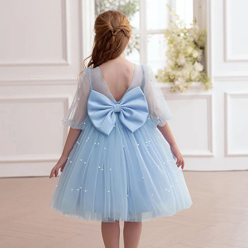 Summer New Girl 4-8Y Seven Sleeve Puff Skirt Dreamy Children's Dress Birthday Party Flower Girl Princess Dress