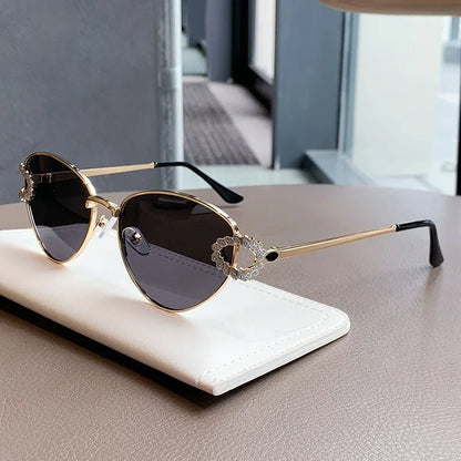 2026 Women Elegant Oval Metal Frame Cat Eye Sunglasses Hollow Rhinestone Wreath Temple UV Protection Gradient Lens Sun Shades
