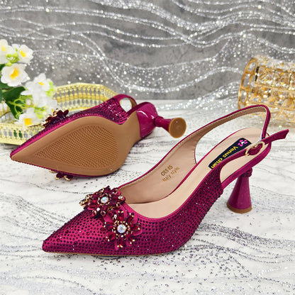 Olive-Green Pointed-Toe Women's High Heels Shoes and Bags for Party Rhinestone Evening Elegant Luxury Handbag
