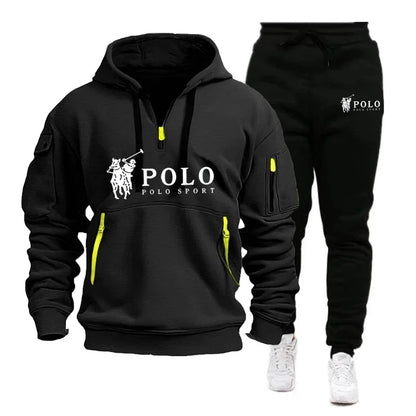 Autumn and Winter 2025 new Men's casual set, a fashionable outdoor hiking windproof and warm men's hoodie and pants 2-piece set