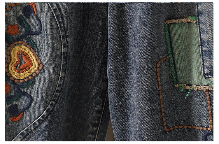 Fashion Y2K Women's Jeans plus Size Elastic Waist patch embroidery print Harem Pants Autumn Vintage Loose Ripped Denim Pants