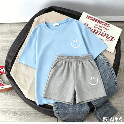 2026 New Summer Smiling Face Print Kids T-shirt Set Short-sleeved Pure Cotton Loose Basic Versatile Cool Simple Kids Outfit Tops