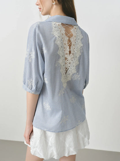 Summer Garden Embroidery Heavy Striped Shirt Women 2025 Summer New Back Hollow Top 25FS12883