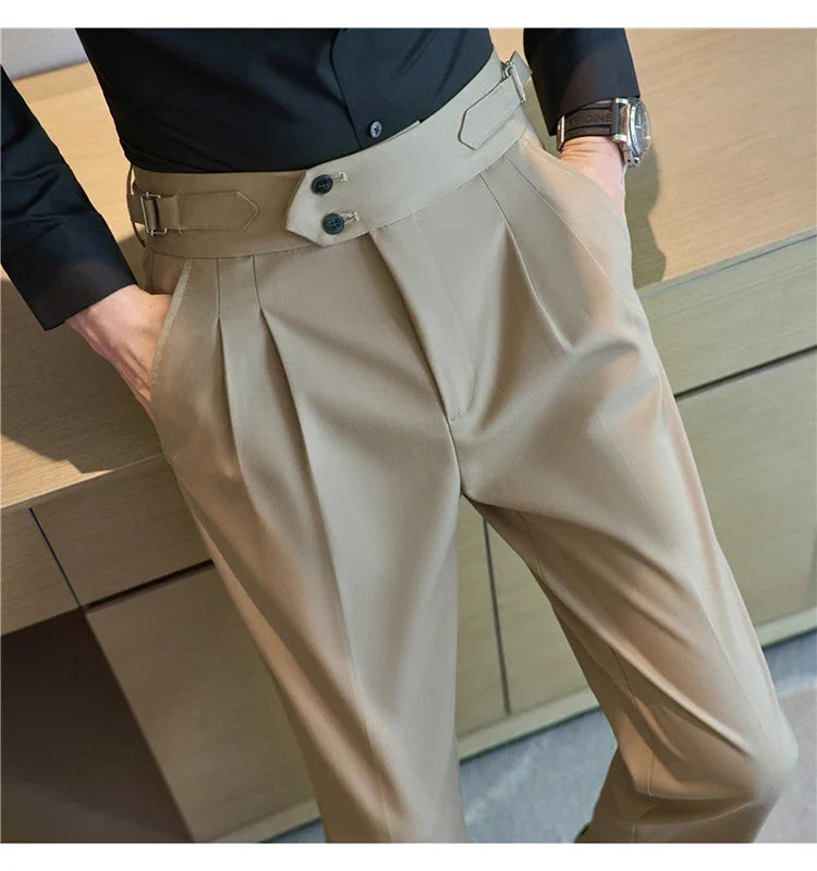 British Style Autumn New High Waist Trousers Men Belt Design Slim Fit Suit Pants Office Social Wedding Party Formal Pants Hommes