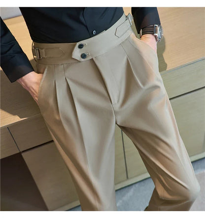 British Style Autumn New High Waist Trousers Men Belt Design Slim Fit Suit Pants Office Social Wedding Party Formal Pants Hommes