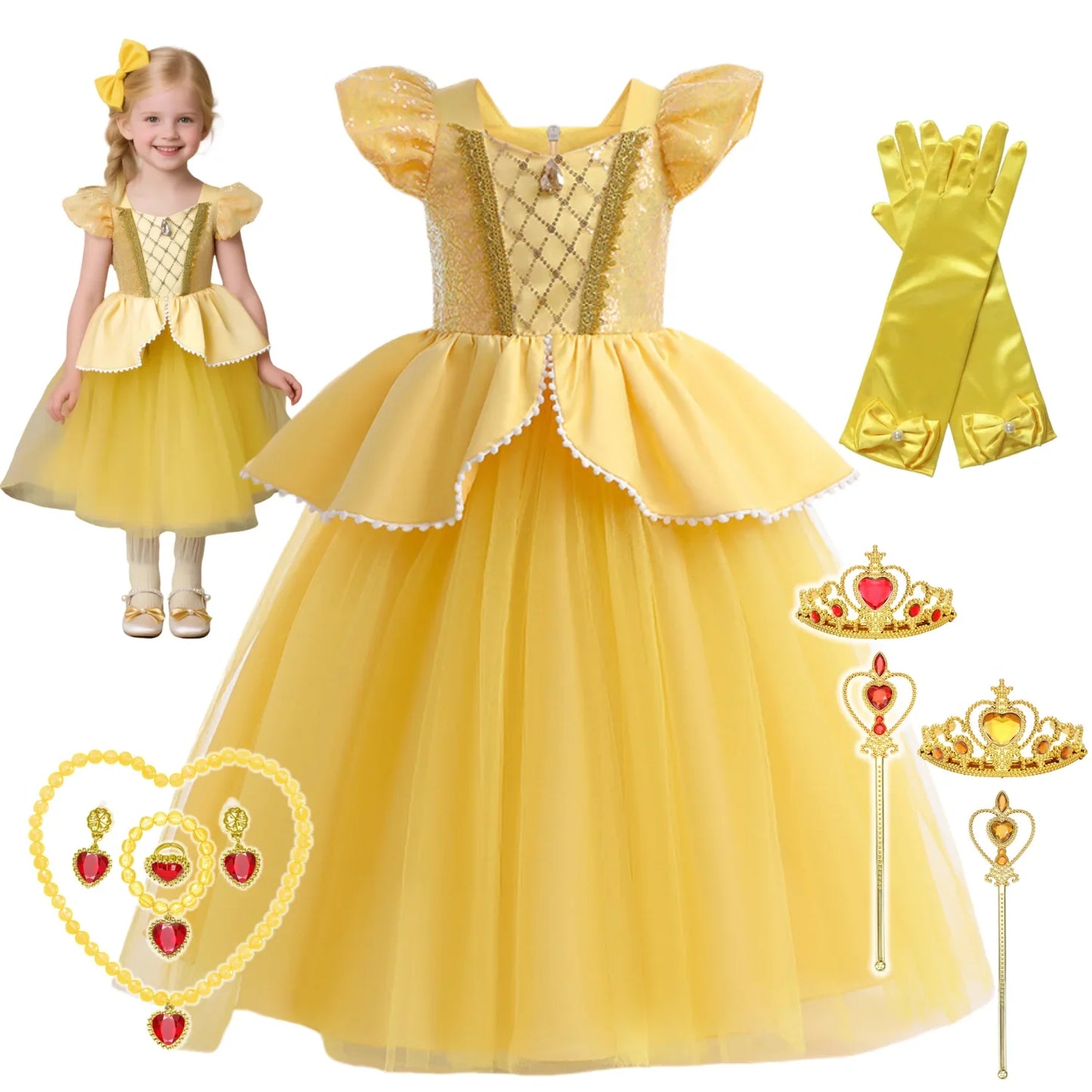 Beauty Beast Halloween Girl Princess Belle Costume Christmas Festive Evening Party Fancy Fairy Yellow Shoulderless Long Dresses