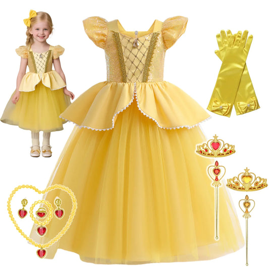 Beauty Beast Halloween Girl Princess Belle Costume Christmas Festive Evening Party Fancy Fairy Yellow Shoulderless Long Dresses