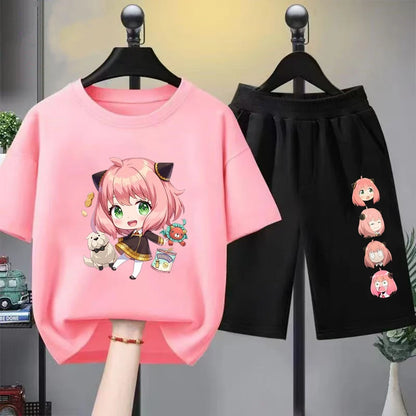 Anime Spy X Family Children T-Shirt+Bottom Wear Age 3-12 Girls Pink Set Black 2pcs Kids Set Print Summer Cool T-Shirt