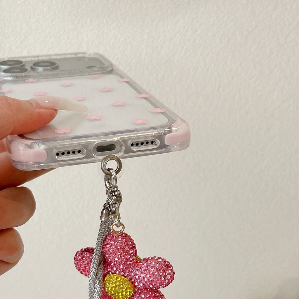 Vibrant All-over Little Flower Clear With Rhinestone Pendant Lanyard Rectangle Phone Cover Case for iPhone 17 16 15 Pro Max