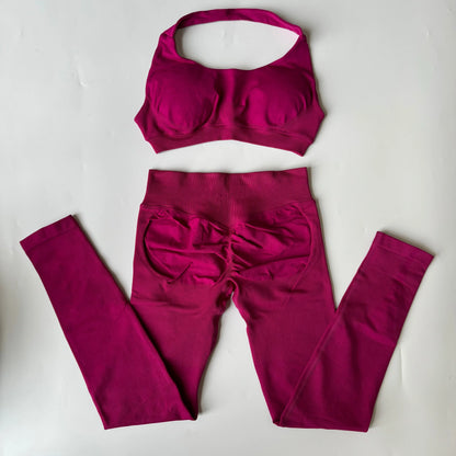 Yoga Legging Sets for Women Seamless Yoga Set Scrunch Butt Legging Set Workout Gym Suit with Halter Crop Top
