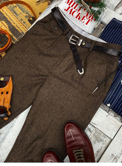 British-Style Vintage Wool Herringbone Pattern Men's Trousers, Large Size, Loose Straight-Leg Naples Men's Pants
