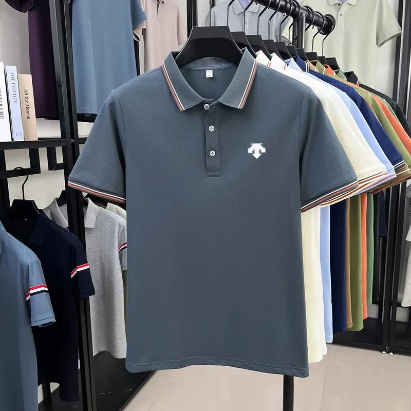 Men's Summer Solid Color Cool Breathable Luxury Polo Shirt Business Casual Collar T-shirt Short Sleeve Top