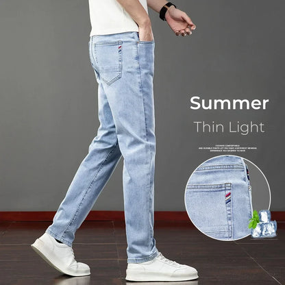 Spring Summer Thin Men's Jeans Fashion Korean Elastic Slim Straight Business Casual Denim Pants Classic Washed Male Trousers