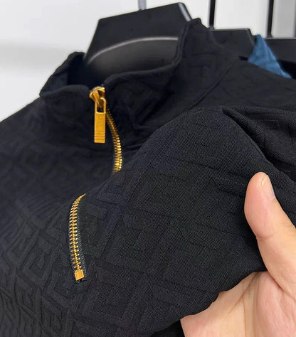 High end brand fashion jacquard long sleeve T-shirt men's casual sweater autumn trend Korean style half zipper collar pullover