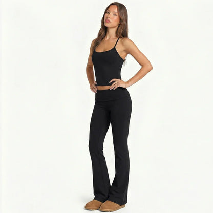 2 Piece Yoga Set Women Foldover Waist Flare Pants Bell Bottoms Tank Top Matching Set Gym Workout Fitness Wear Lounge Wear Suit