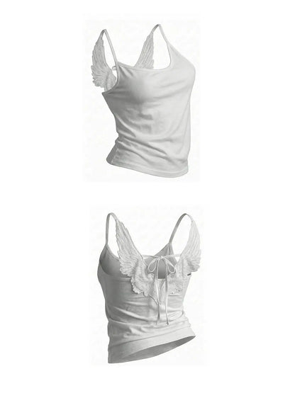 Angel Wings Vest 3D Embossed Wings Embroidery Spaghetti Strap Vest Y2K Women Gothic Fashion Summer Sexy Slim Backless Short Top
