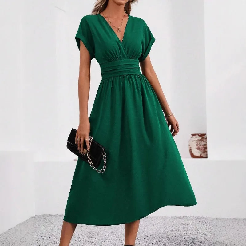 Dresses 2025 Woman Summer Solid-Color V-Neck Batwing-Sleeve Pleated Long Elegant Dress Woman Clothing Tops Skirts Y2k Clothes