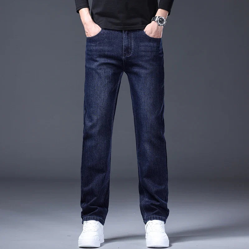 Classic Straight Men's Jeans Spring Slightly Thick Elastic Casual Office Business Trousers Fashion Comfort Washed Denim Pants