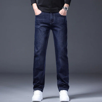 Classic Straight Men's Jeans Spring Slightly Thick Elastic Casual Office Business Trousers Fashion Comfort Washed Denim Pants