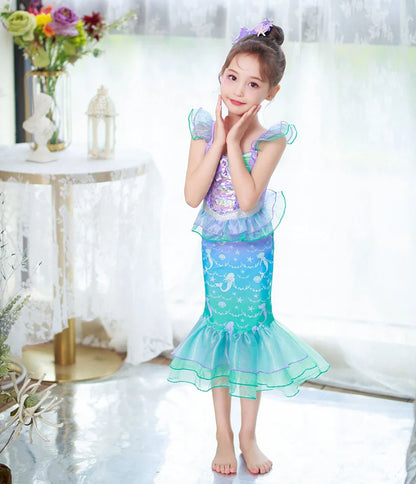 Halloween Costume Mermaid Dress Girl Ruffles Shell Fishtail Frocks Ariel Fantasy Luxury Princess Gown Children Fancy Fairy Dress