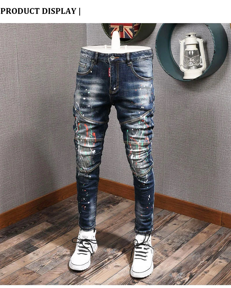 Fashion Streetwear Men Jeans Retro Black Blue Elastic Slim Fit Ripped Jeans Men Spliced Designer Embroidery Hip Hop Denim Pants