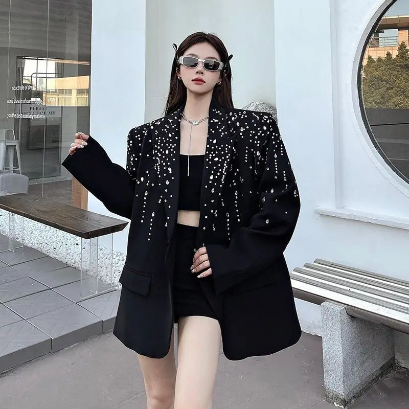 High-Quality Hot Diamond Black Blazer Women's Neutral Spring And Autumn New Design V ersatile Long-Sleeved Shoulder Padded Suit
