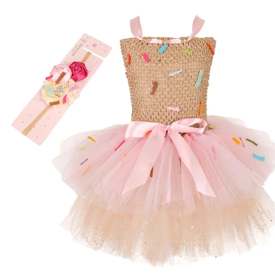 Sweet Ice Cream Candy-Themed Girls Dress for Kids Birthday Carnival Party Rainbow Tutu Children's Costume Wedding Outfits