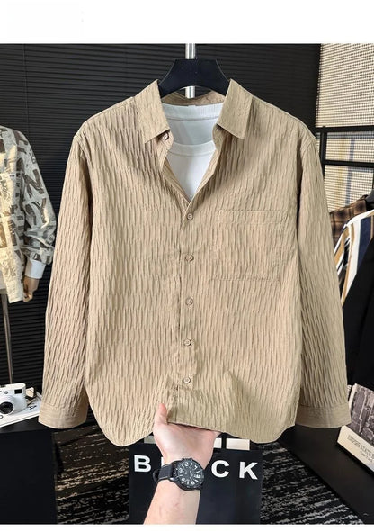 Casual Ice Silk Bubble Men's Anti-Wrinkle Summer Loose Fashionable Long Sleeve Shirt Urban Style Flip Collar Button Closure