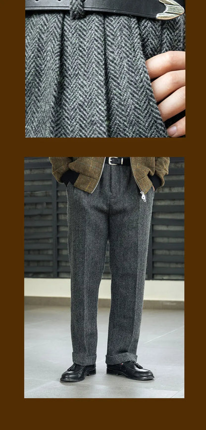 American Vintage Hollywood Waist Wool Tweed Casual Pants Hollywood Classic Loose Straight Leg Pants