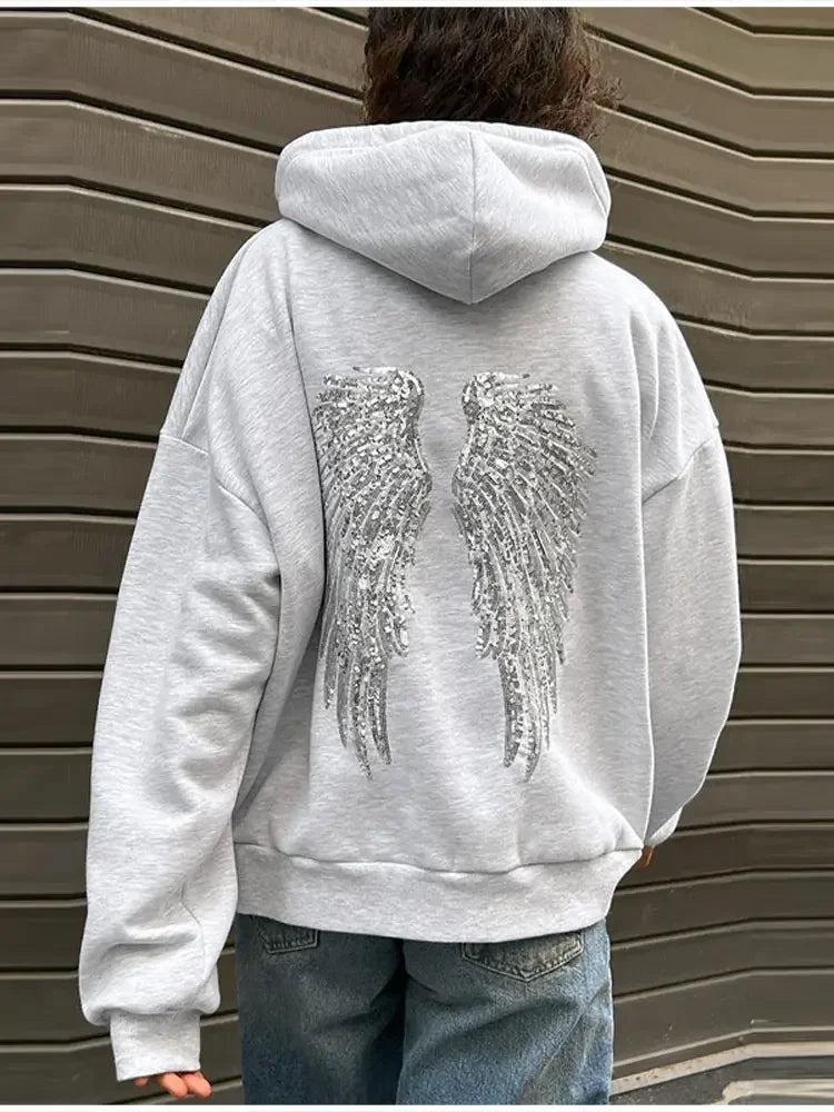 Sequin Angle Wings Hoodie Pullover For Women Loose Solid Hooded Sweatsuit 2025 New Lady Autumn Winter Outwears