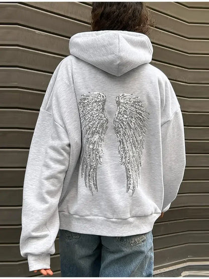 Sequin Angle Wings Hoodie Pullover For Women Loose Solid Hooded Sweatsuit 2025 New Lady Autumn Winter Outwears