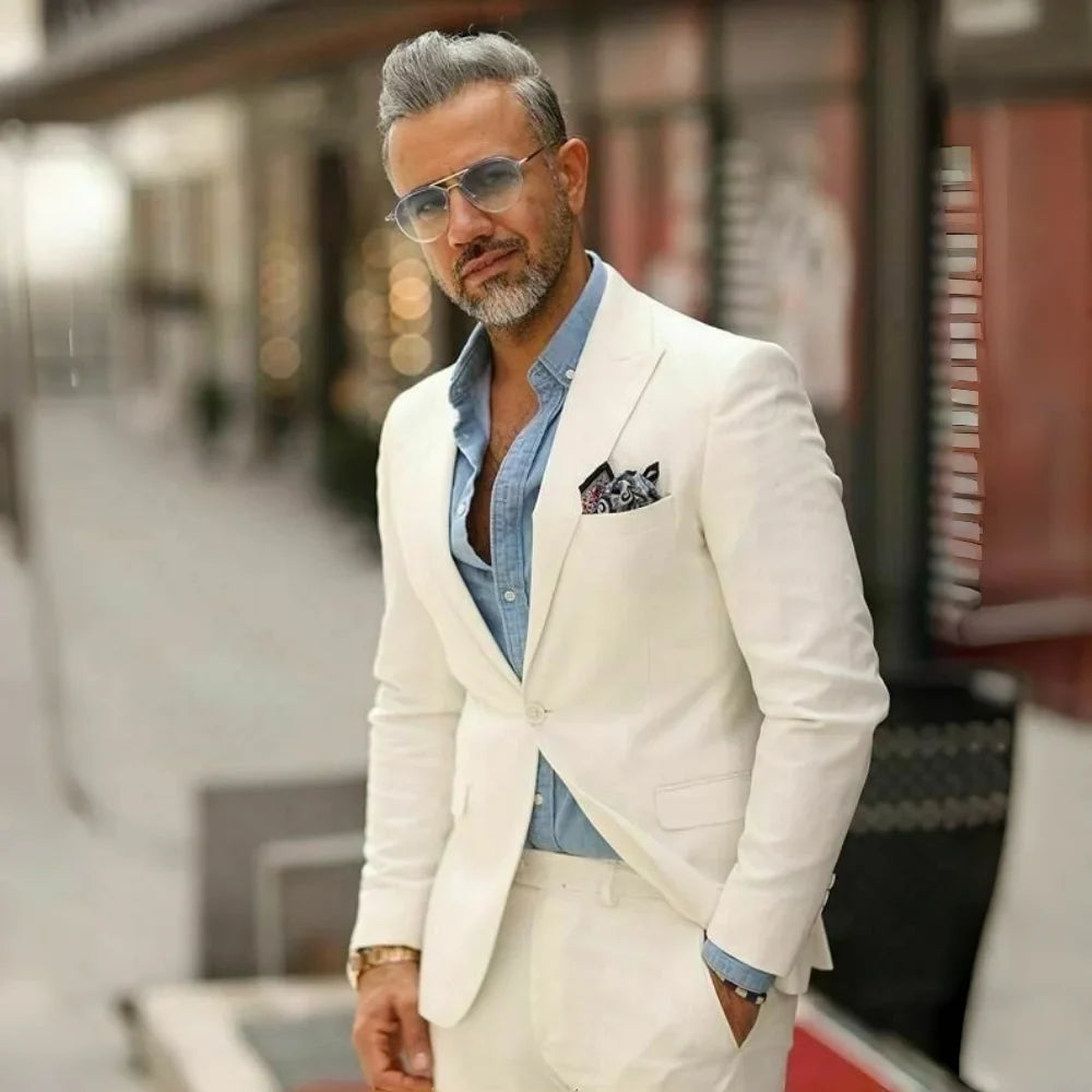 White Linen Prom Men Suits 2 Pieces Summer Suits for Men Slim Fit Groom Wedding Tuxedo Blazer Trousers Set mens suits suit men