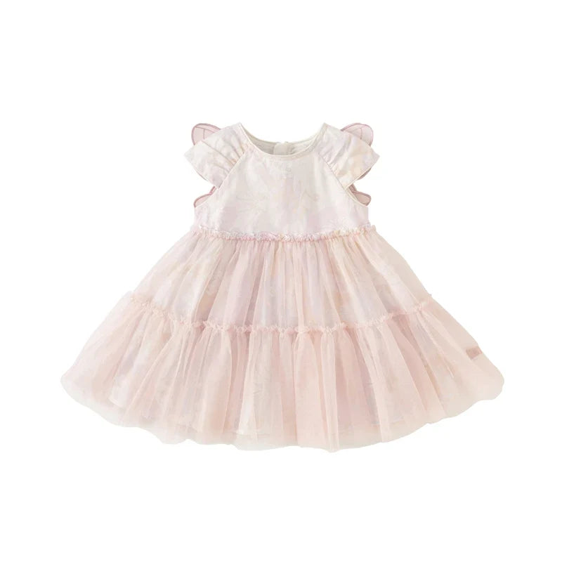 Dave Bella Girls Princess Dress 2024 New Summer Children's Baby Sleeveless Mesh Cute Sweet Charm Party Butterfly Wings DB2240414