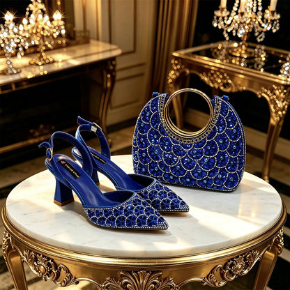 2026 New Arrival Italian-Inspired Peach Rhinestone Pointed Toe Women’s High Heels with Matching Handbag Set – Elegant Wedding