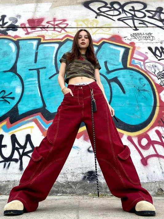 Street Vintage Jeans New Y2K Harajuku Wash Red Streetwear Baggy Jeans Denim Pants Mens Womens High Waist Wide Trousers 2025