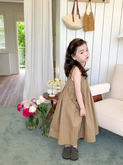 2026 New Summer Children Girls Sleeveless Dress Teen Solid Color Cotton Loose Casual Sundress Kids Vacation Style Princess Dress