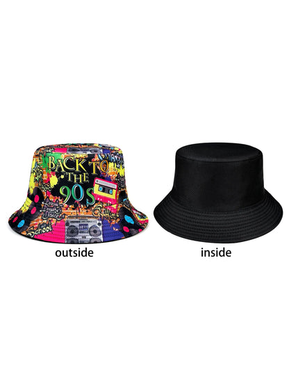 Fashion Retro Graffiti 80s 90s Bucket Hat for Men Women Funny Summer Spring Beach Fishing Hat Packable Outdoor Sun Fisherman Hat