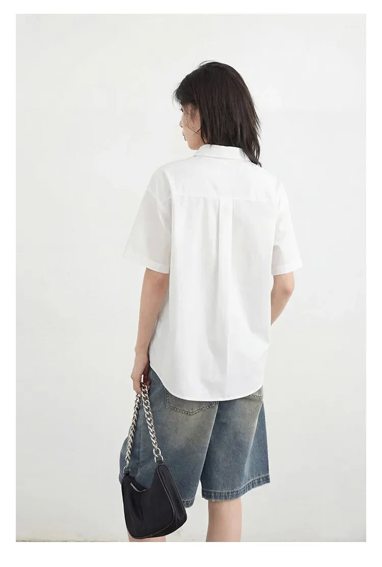 Fashion Women Shirt Short Sleeve Loose Casual Design Button Embroidered Placket Female Blouses Cotton Coat Summer 2026