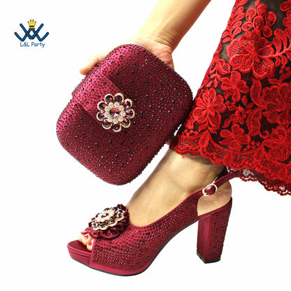 2022 Sweet  Special Design Women Crystal Style African Ladies Party Shoes Matching Bag in Magenta Color