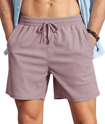 Men's Corduroy Texture Casual Shorts 6" Inseam for Summer Beach Vacation Elastic Waist Drawstring Lightweight Pockets