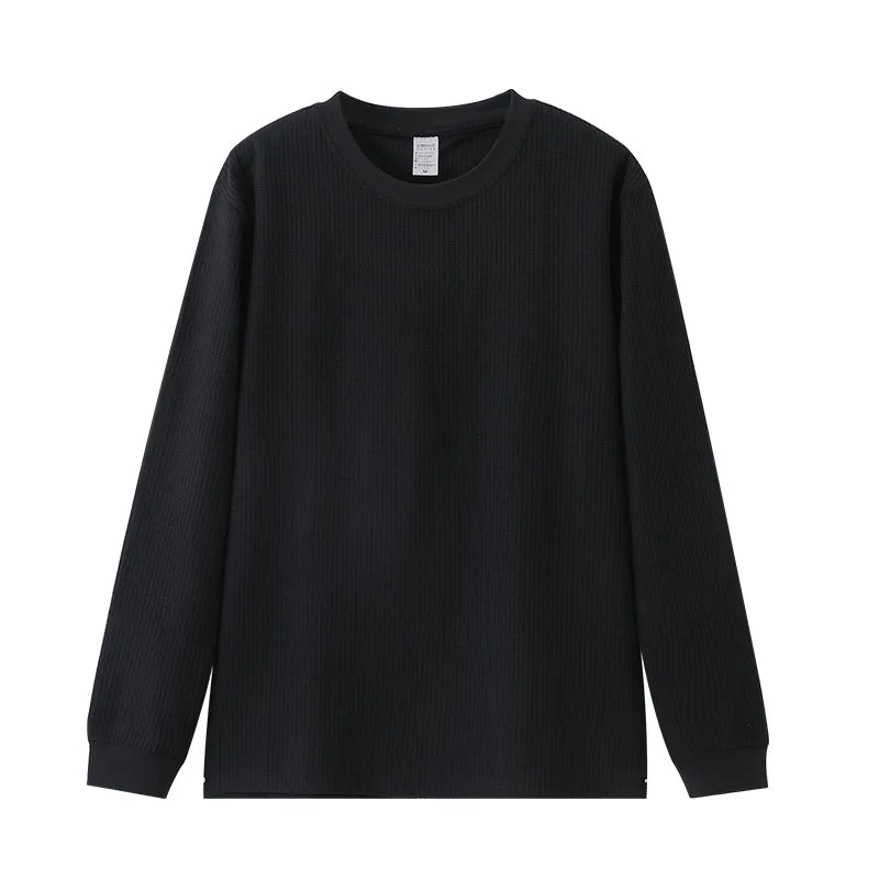 Autumn Lightweight Waffle Knit Base Layer Top  Men - Fashionable Loose Fit Versatile Long-Sleeved Round Neck T-Shirt/Sweatshirt
