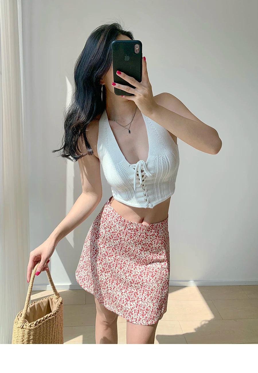 2024 Summer New Retro Vacation Style Small Floral Half Skirt High Waisted Wrap Buttocks Elegant Sweet Slim Short Skirt 06AH