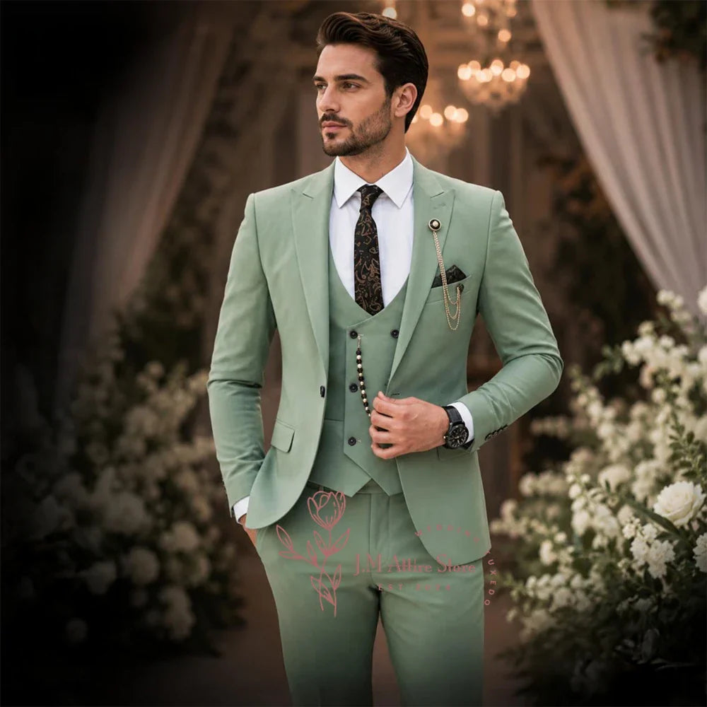 Sage Green Suit Men's 3 Piece Set Peak Lapel Jacket Vest Pants Custom Slim Fit for Wedding Groom Cocktail Party Tuxedo