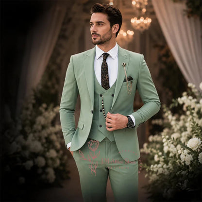 Sage Green Suit Men's 3 Piece Set Peak Lapel Jacket Vest Pants Custom Slim Fit for Wedding Groom Cocktail Party Tuxedo