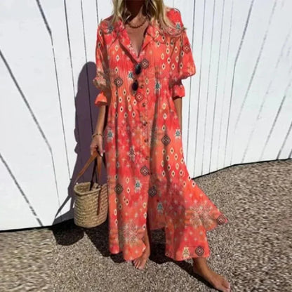 Women's Elegant Plus Size Pleated Short Sleeve V Neck Long Dresses Sweet Style High Waist Printed Dress Female Casual Loose Gown