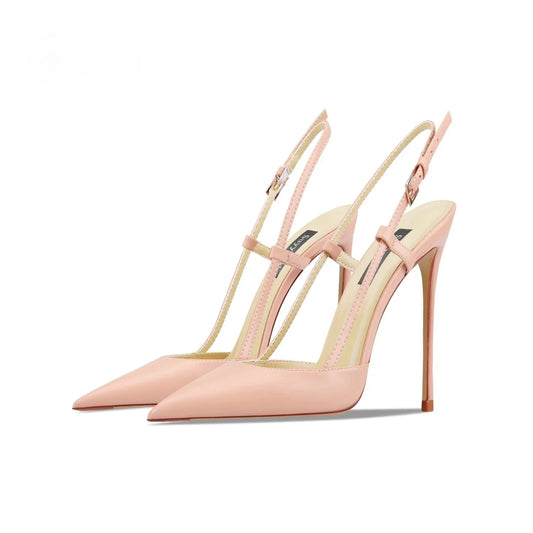 Bare leather edge buckle straight strap sandals for women, new pointed shallow mouth slim heel fashionable single shoe