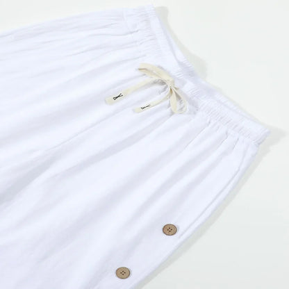 Men's Casual Cotton Linen Pants Drawstring Waist Side Button Decor Straight Leg Lightweight Breathable Summer Beach Trousers
