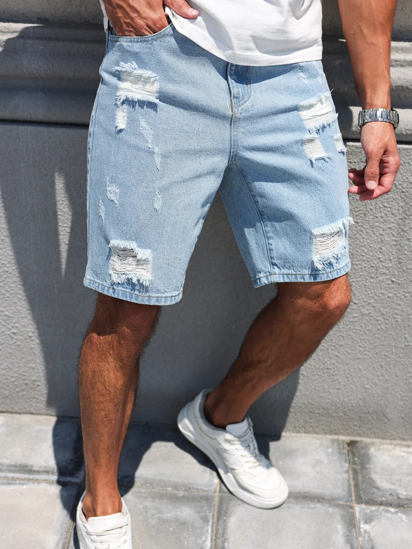 Hole-washed Water Buffalo Denim Short Pants - Men's Trendy Loose Straight Five-Piece Casual Shorts - Summer New Style